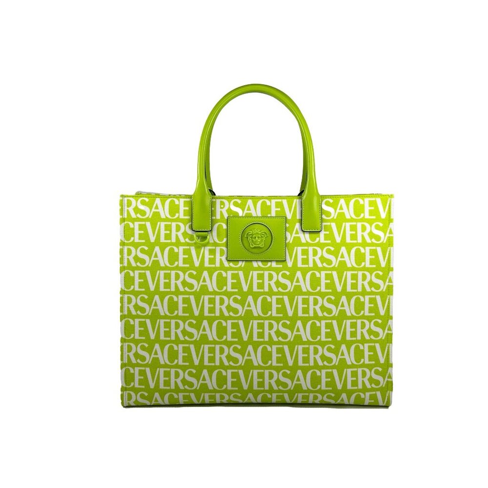 NEW Versace Medusa Large Tote Bag Acid Lime Canvas & Leather Trim Handbag